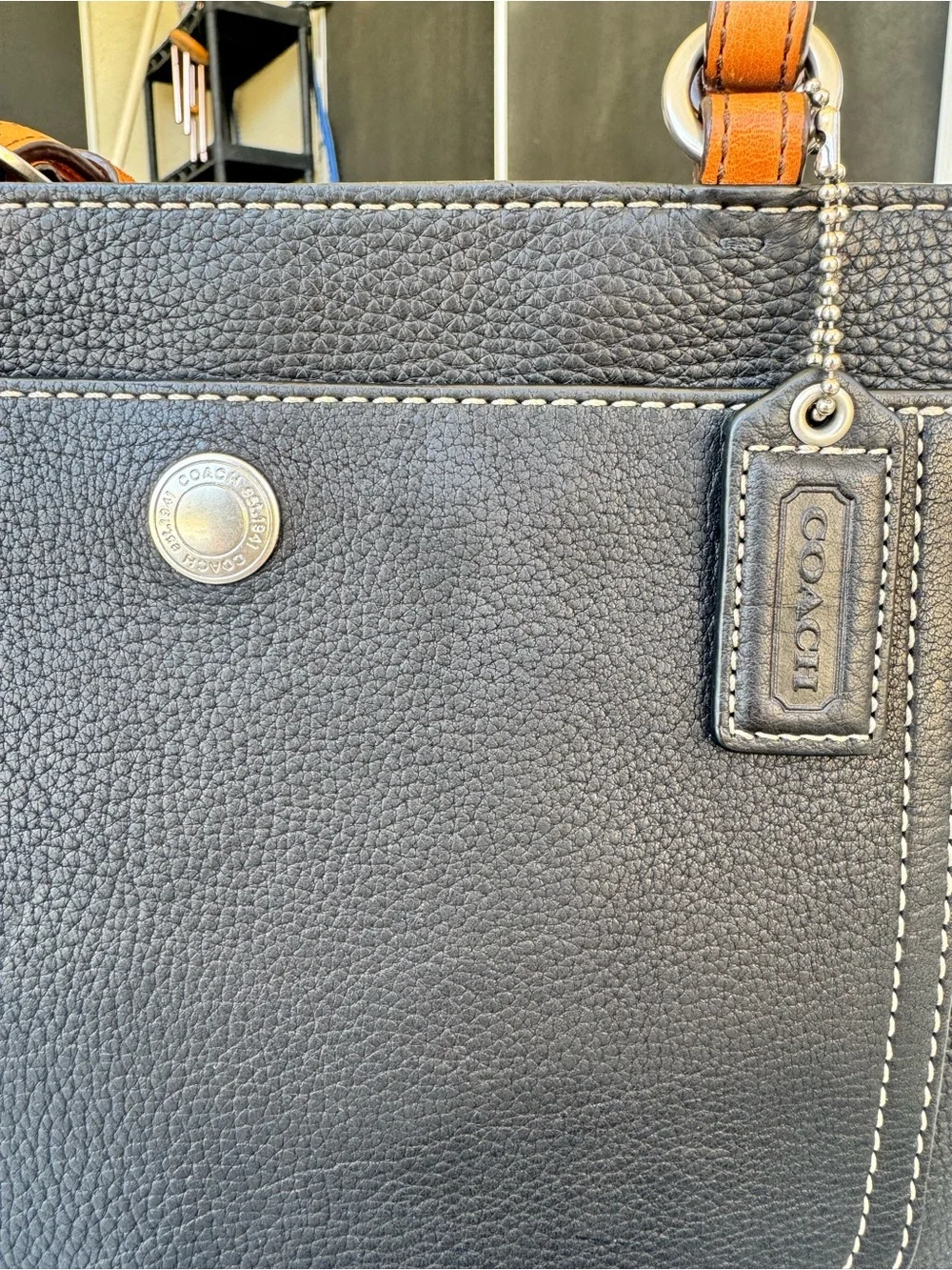 Coach Chelsea Black Pebbled Leather Shoulder Bag with Tan Handles